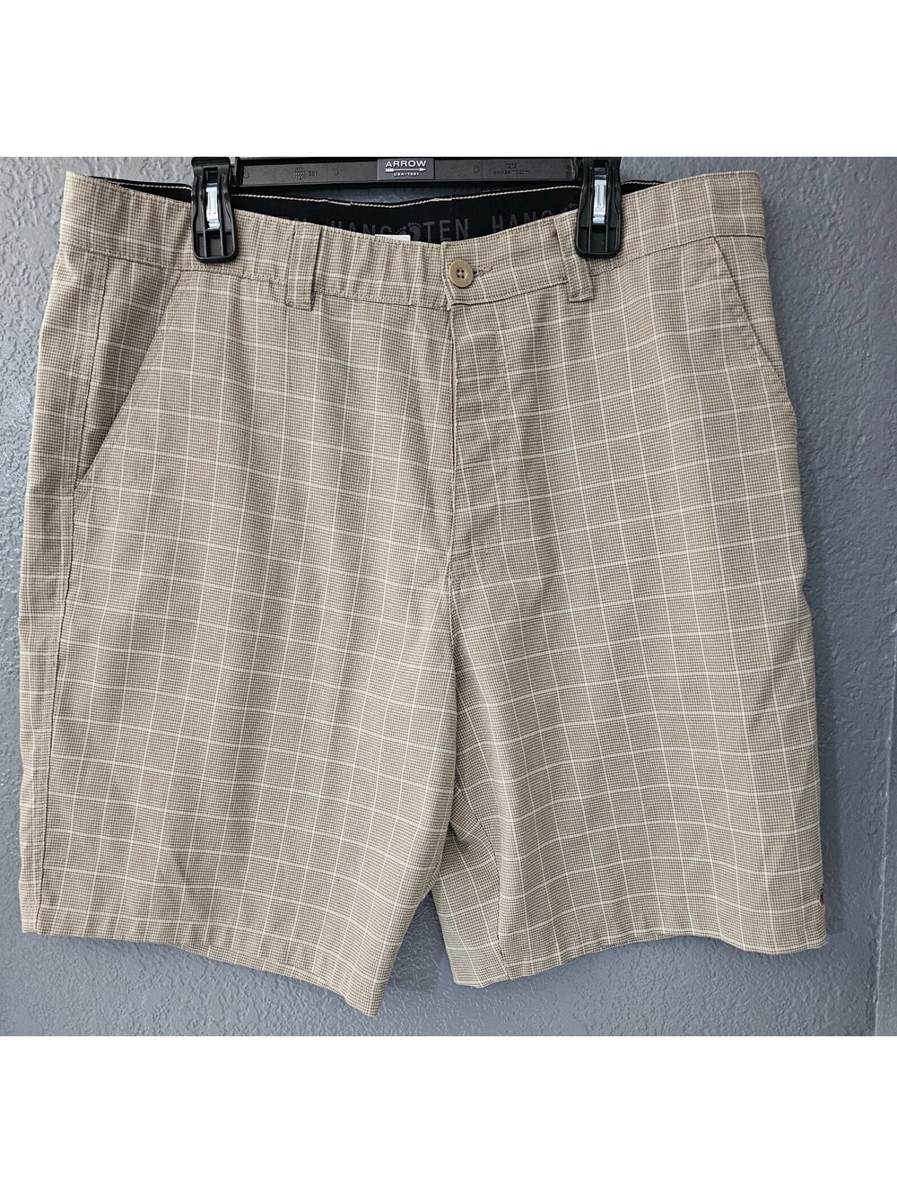 Men's Hang Ten Board Shorts Size 38 Beige Plaid Stretch Hybrid Walking Chinos